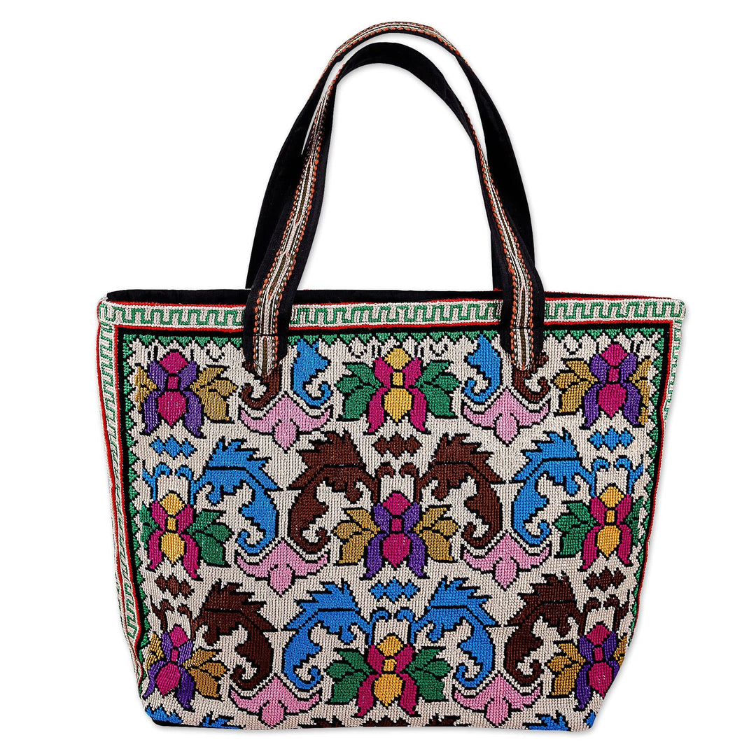 Floral and Leafy Patterned Iroki Embroidered Tote Bag - Classic Everyday