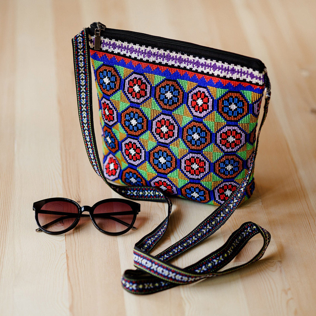 Floral Mosaic-Patterned Blue and Red Iroki Embroidered Sling - Eden Mosaic in Blue