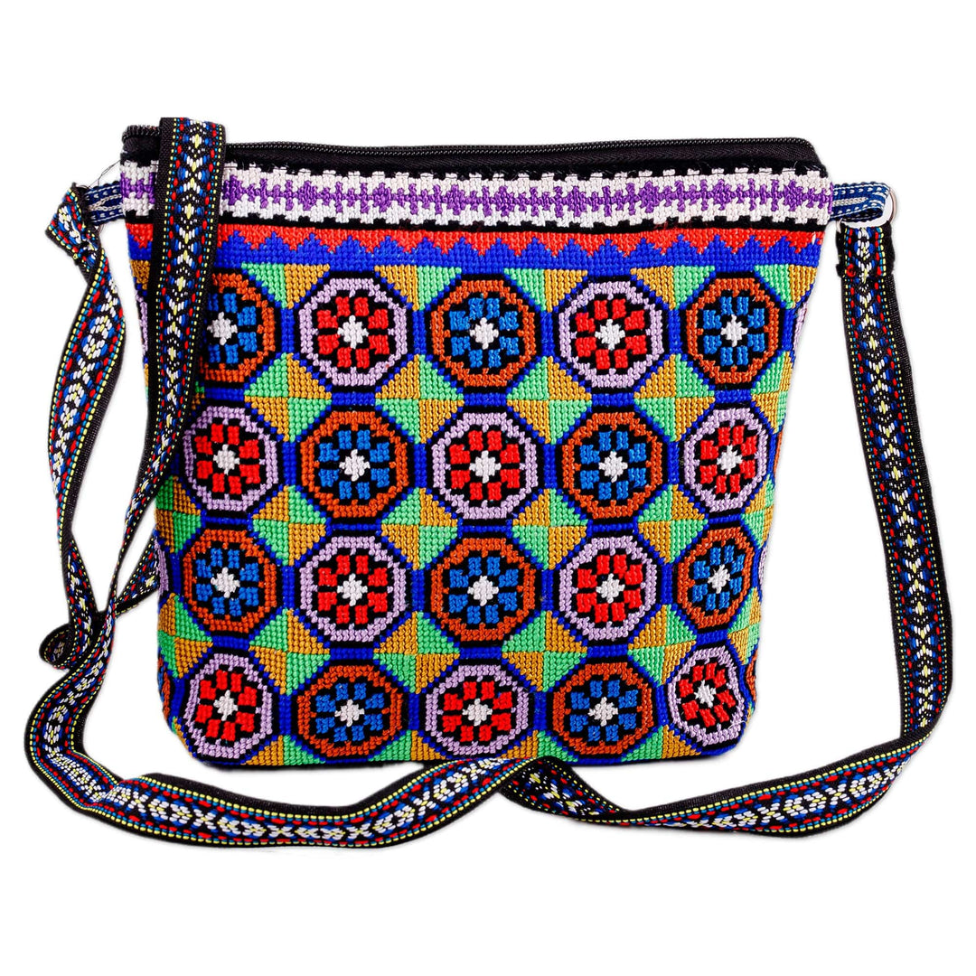 Floral Mosaic-Patterned Blue and Red Iroki Embroidered Sling - Eden Mosaic in Blue