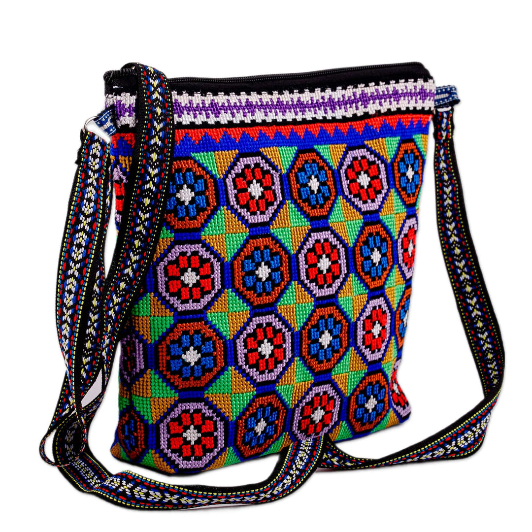Floral Mosaic-Patterned Blue and Red Iroki Embroidered Sling - Eden Mosaic in Blue