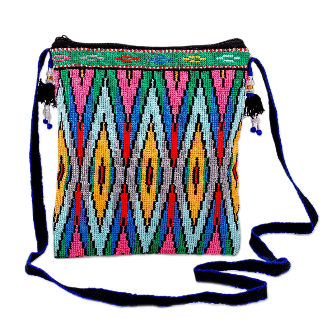 Geometric-Patterned Colorful Iroki Embroidered Sling Bag - Sweet Frequencies