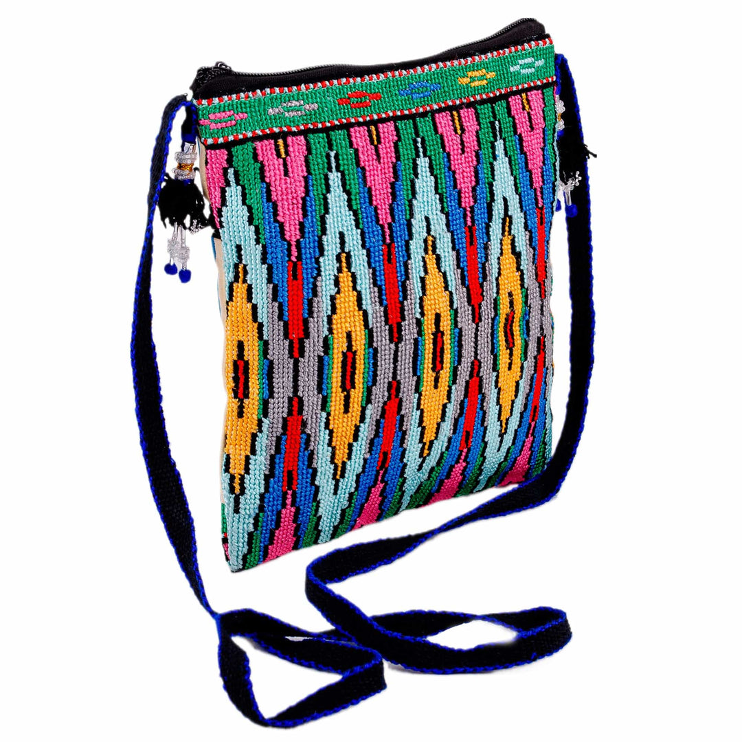 Geometric-Patterned Colorful Iroki Embroidered Sling Bag - Sweet Frequencies