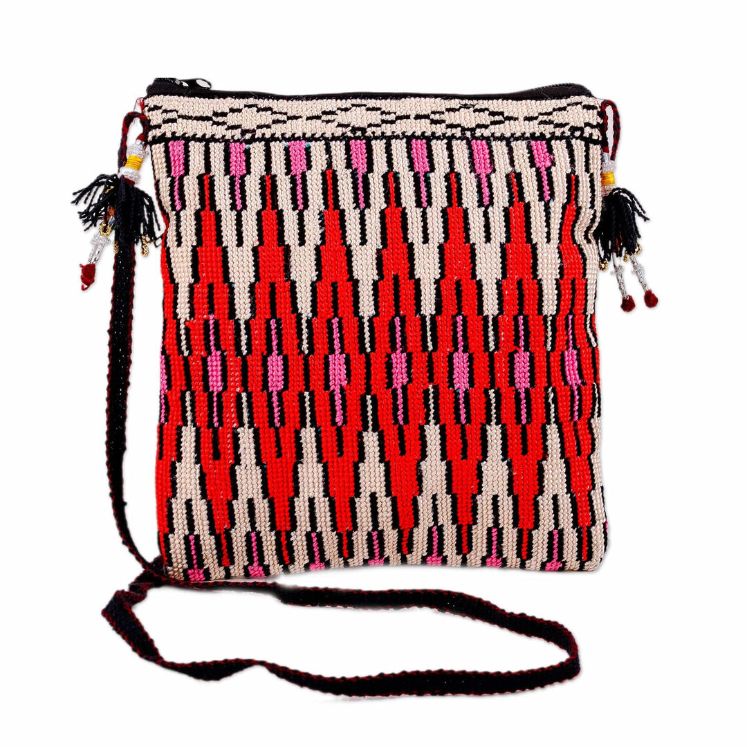 Geometric-Patterned Red and Pink Iroki Embroidered Sling Bag - Fire Frequencies