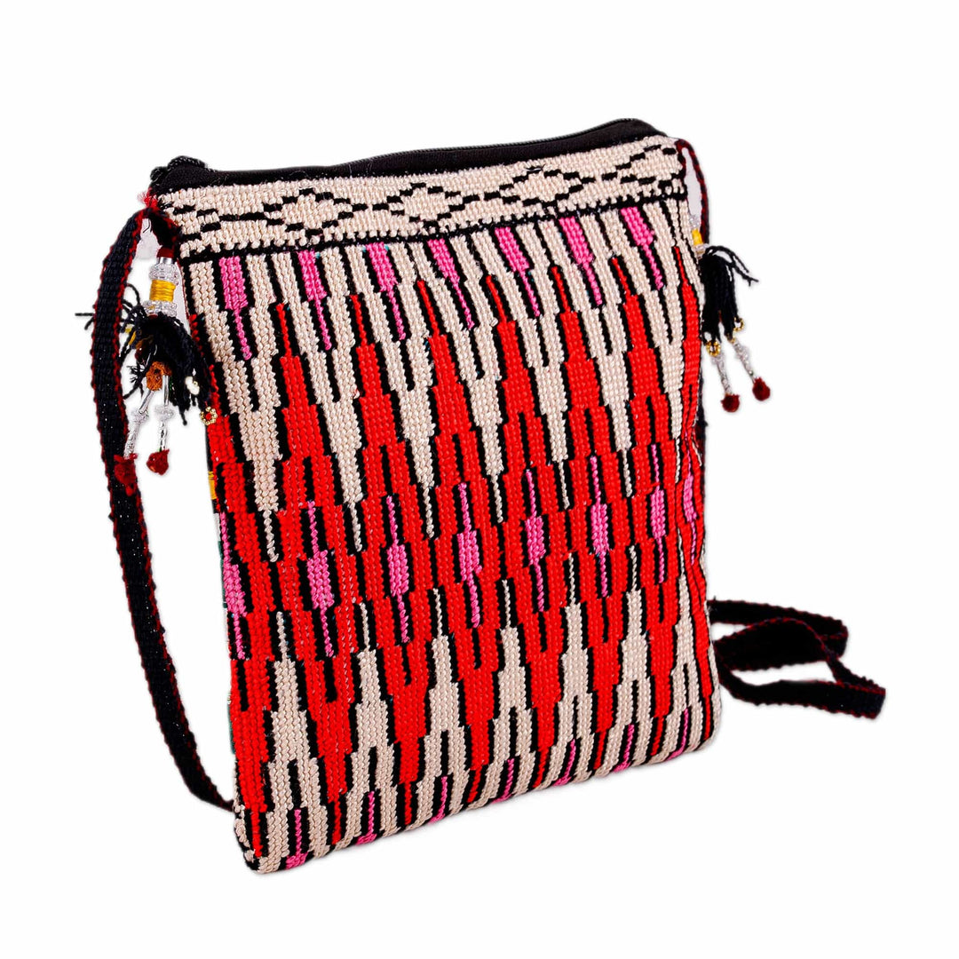 Geometric-Patterned Red and Pink Iroki Embroidered Sling Bag - Fire Frequencies