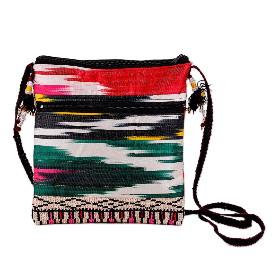 Geometric-Patterned Red and Pink Iroki Embroidered Sling Bag - Fire Frequencies