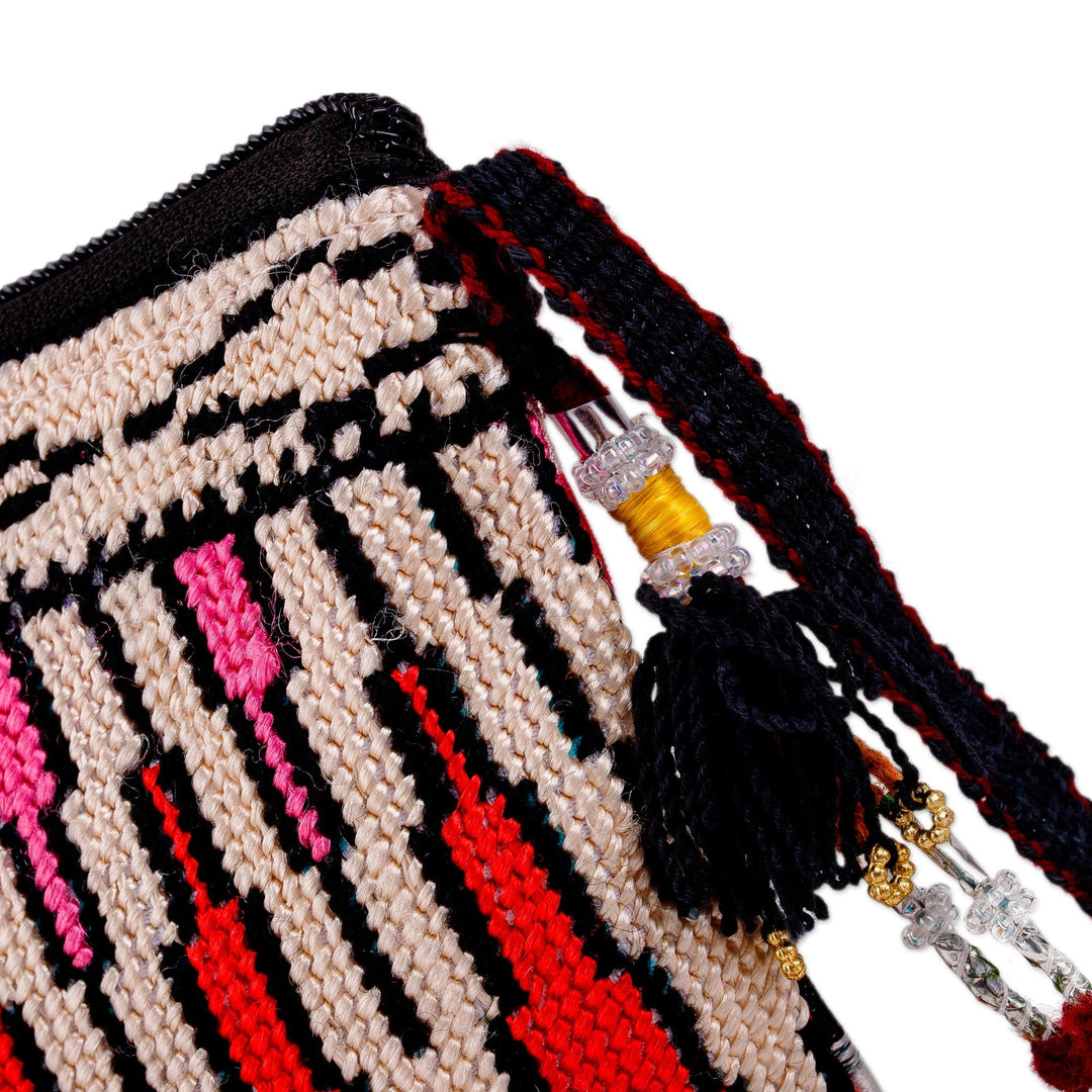 Geometric-Patterned Red and Pink Iroki Embroidered Sling Bag - Fire Frequencies
