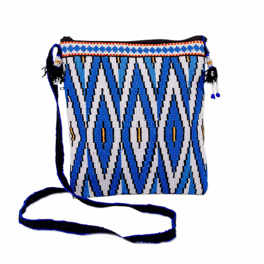 Geometric-Patterned Blue Iroki Embroidered Sling Bag - Water Frequencies