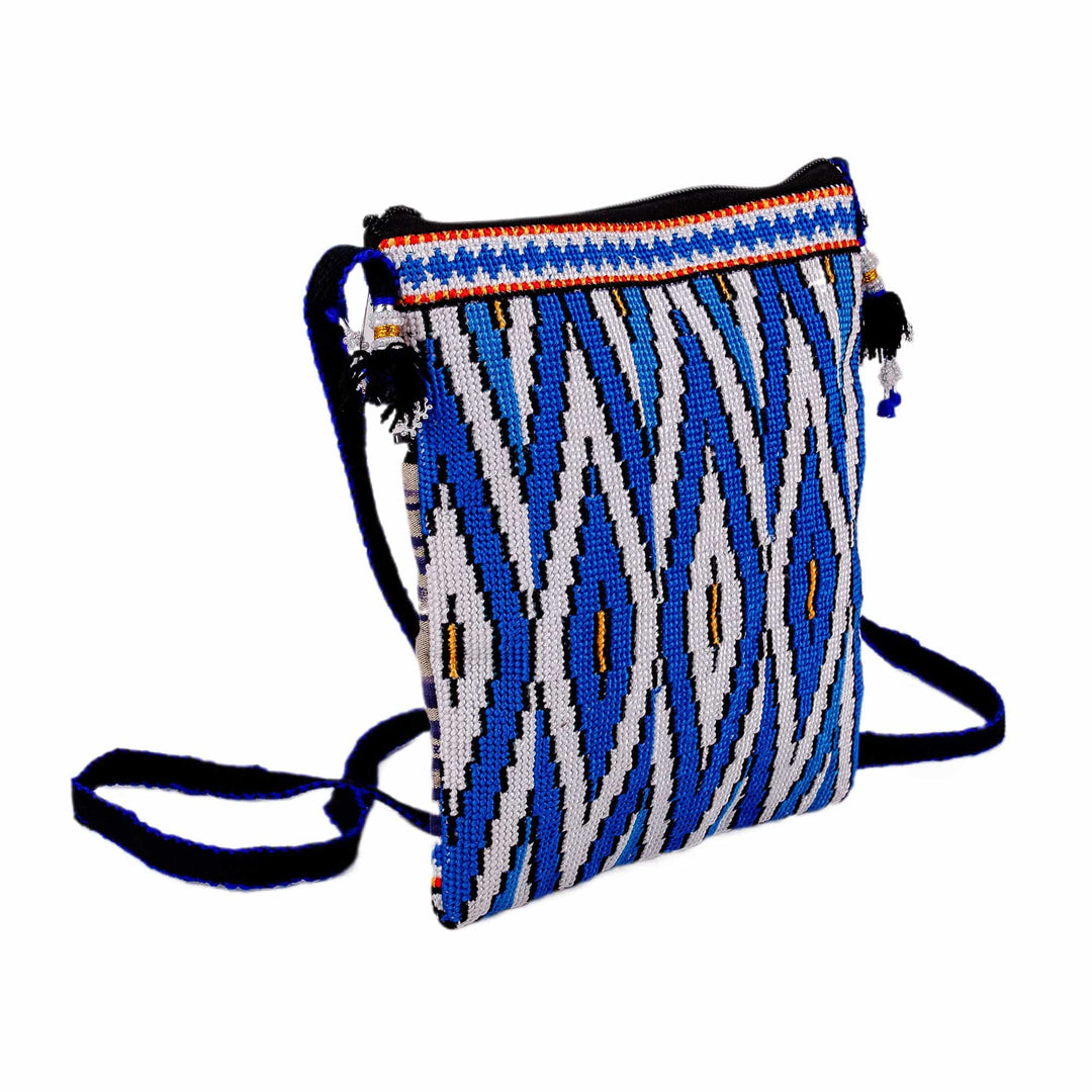 Geometric-Patterned Blue Iroki Embroidered Sling Bag - Water Frequencies