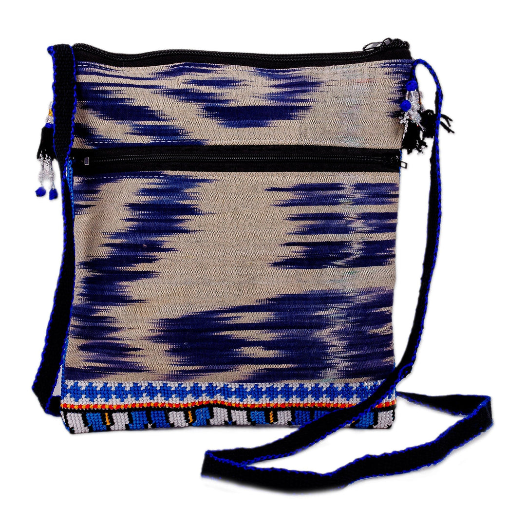 Geometric-Patterned Blue Iroki Embroidered Sling Bag - Water Frequencies