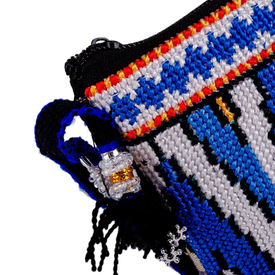 Geometric-Patterned Blue Iroki Embroidered Sling Bag - Water Frequencies
