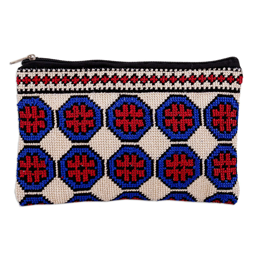 Embroidered Floral Patterned Blue and Red Cosmetic Bag - Pretty Flowers