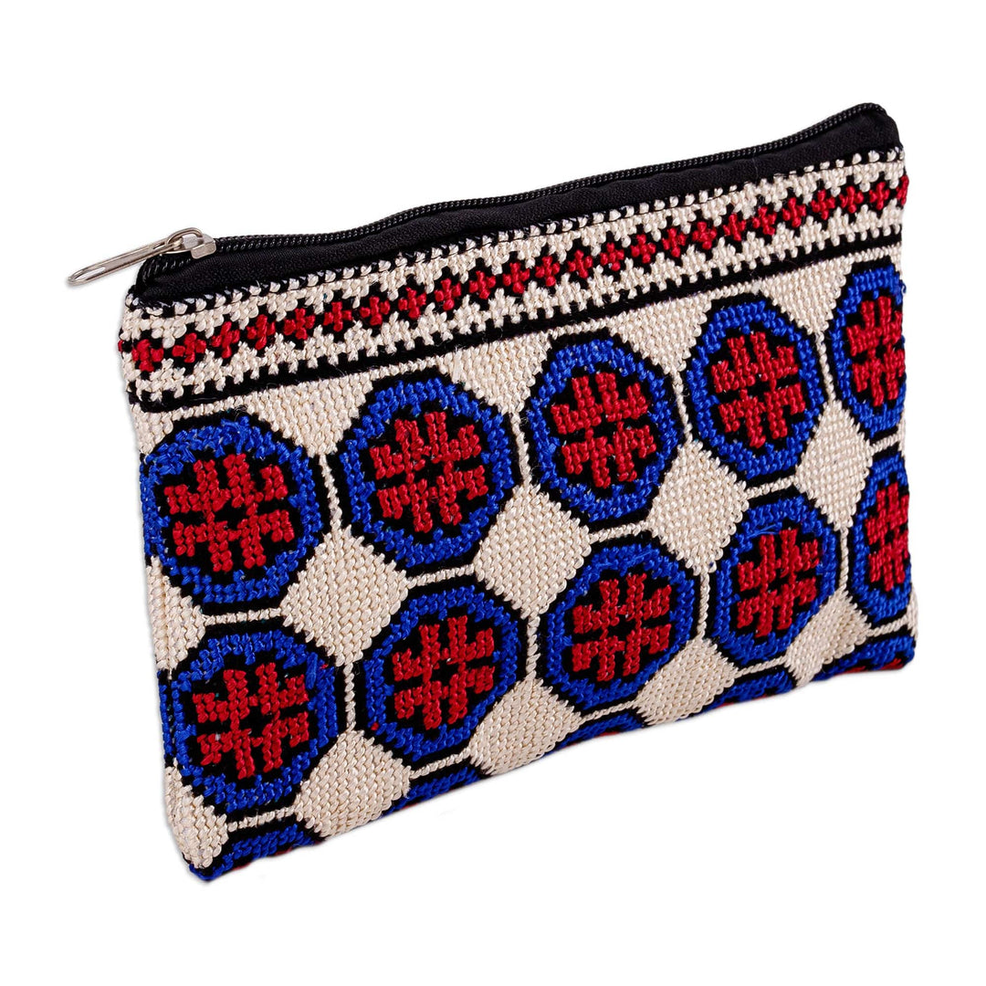 Embroidered Floral Patterned Blue and Red Cosmetic Bag - Pretty Flowers