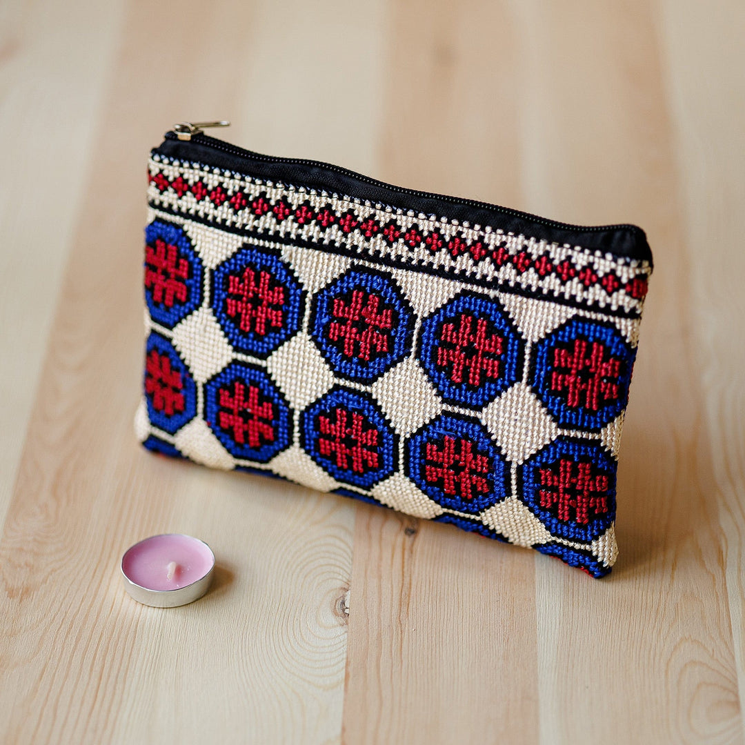 Embroidered Floral Patterned Blue and Red Cosmetic Bag - Pretty Flowers