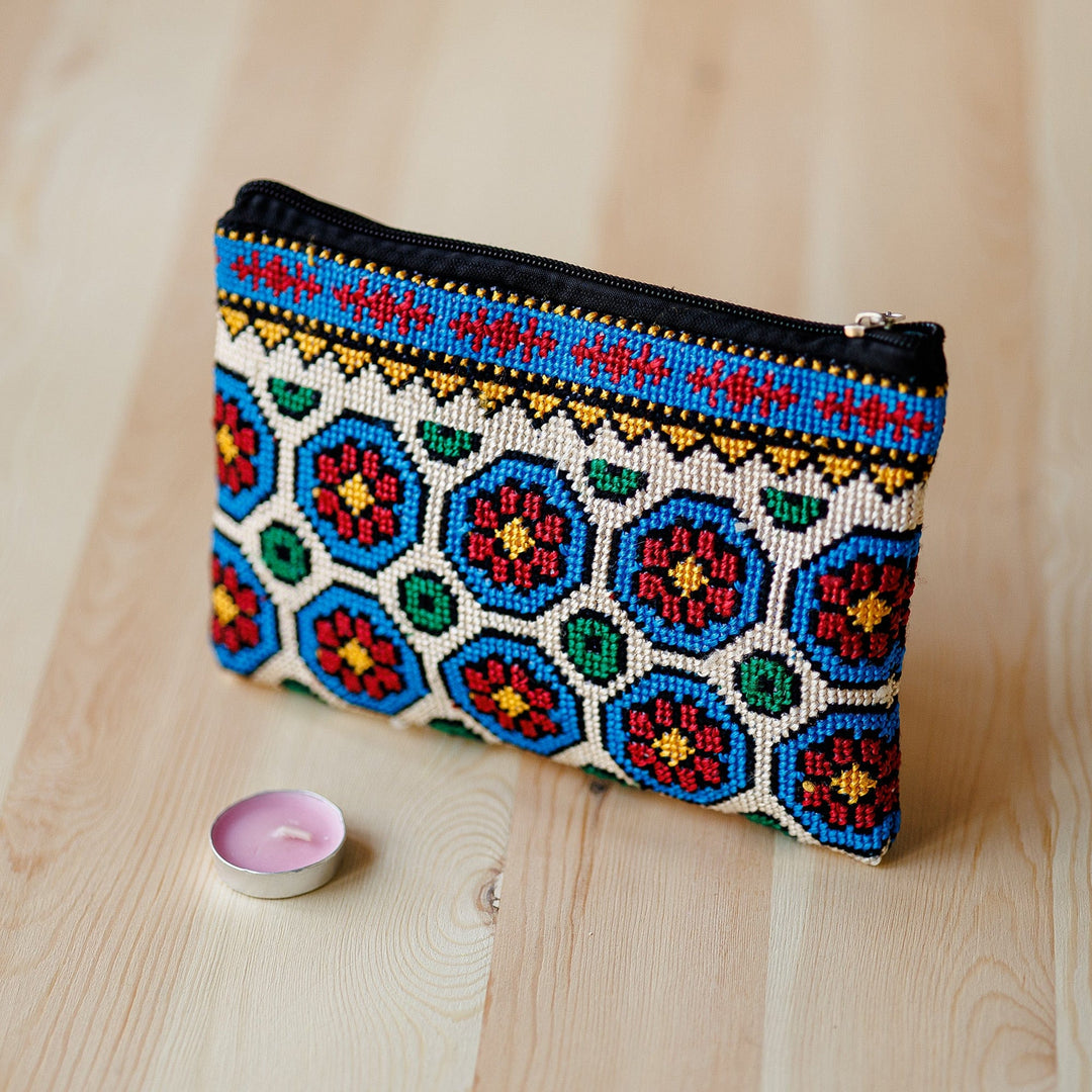 Floral Patterned Embroidered Cosmetic Bag in Bright Hues - Arcadia in Heaven