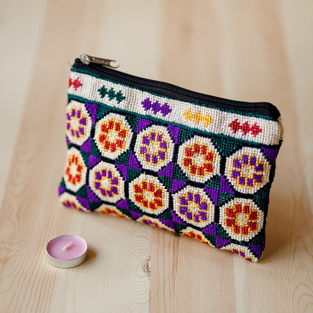 Floral Patterned Embroidered Cosmetic Bag in Purple Hues - Arcadia in Dreams