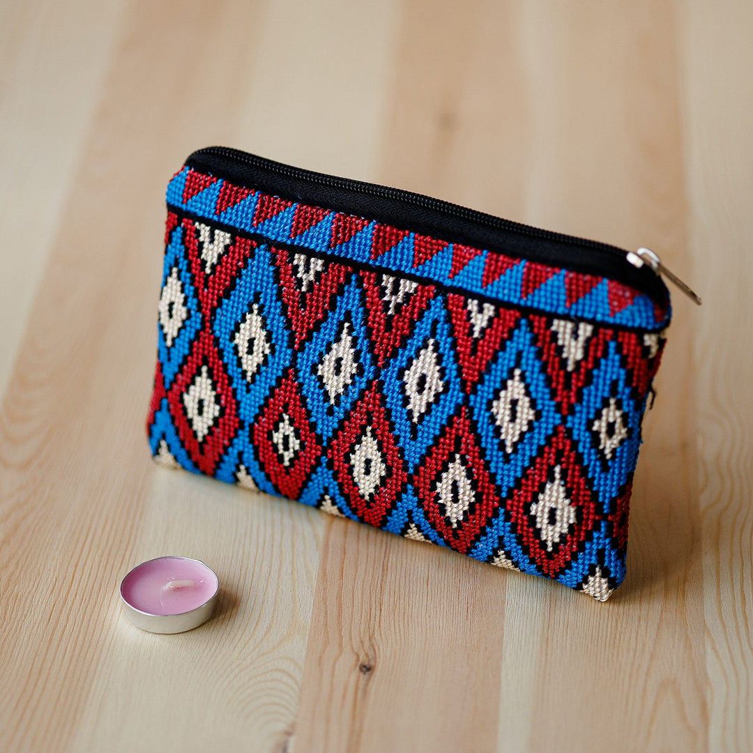 Geometric Patterned Embroidered Cosmetic Bag in Red and Blue - Paradise Geometry
