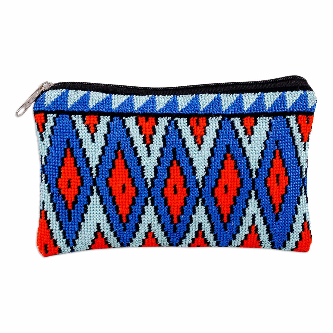 Geometric Patterned Embroidered Cosmetic Bag in Blue Hues - Ocean Geometry