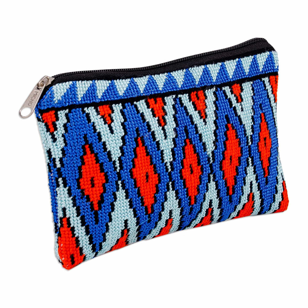Geometric Patterned Embroidered Cosmetic Bag in Blue Hues - Ocean Geometry