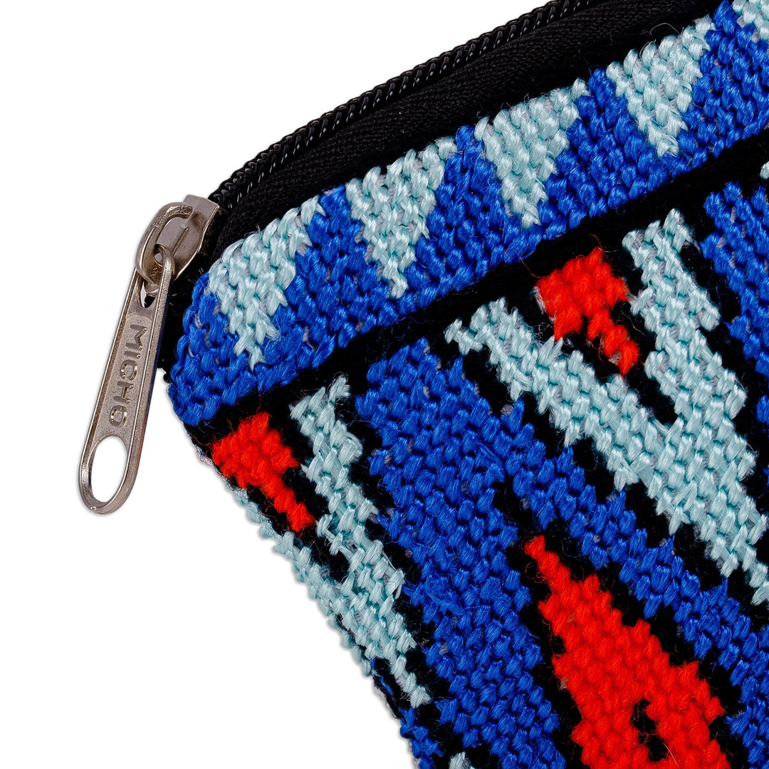 Geometric Patterned Embroidered Cosmetic Bag in Blue Hues - Ocean Geometry