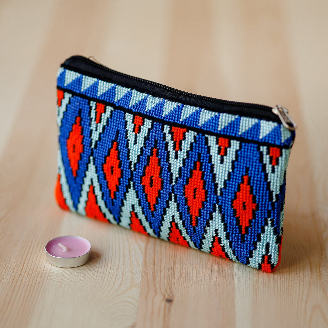 Geometric Patterned Embroidered Cosmetic Bag in Blue Hues - Ocean Geometry
