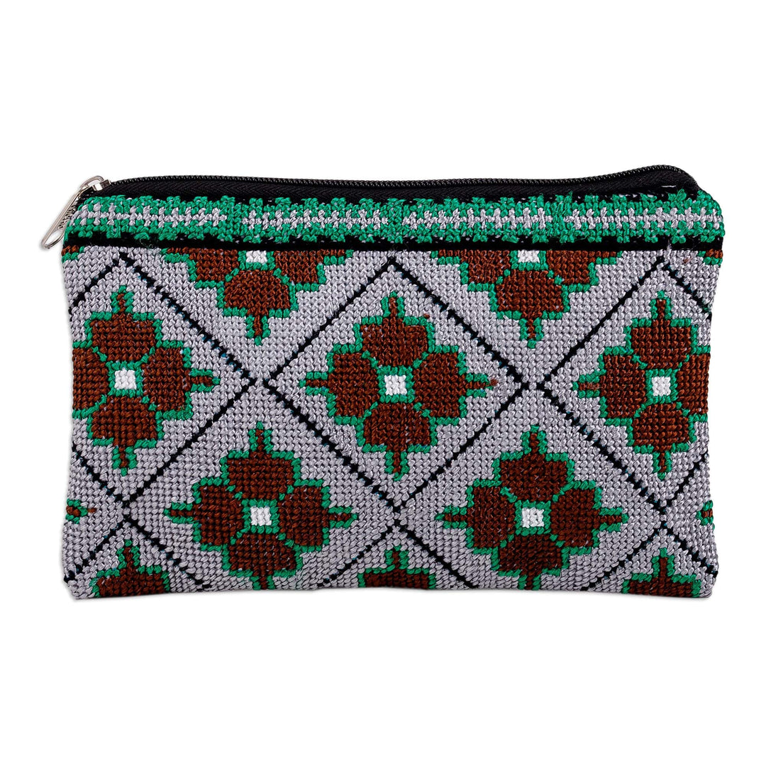 Floral Mosaic-Patterned Embroidered Cosmetic Bag in Grey - Mosaic Bouquet in Grey