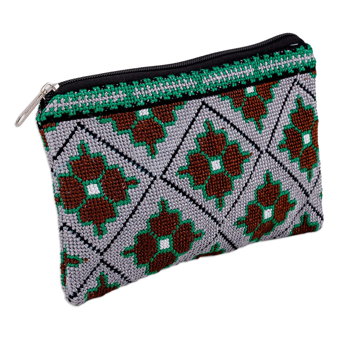 Floral Mosaic-Patterned Embroidered Cosmetic Bag in Grey - Mosaic Bouquet in Grey