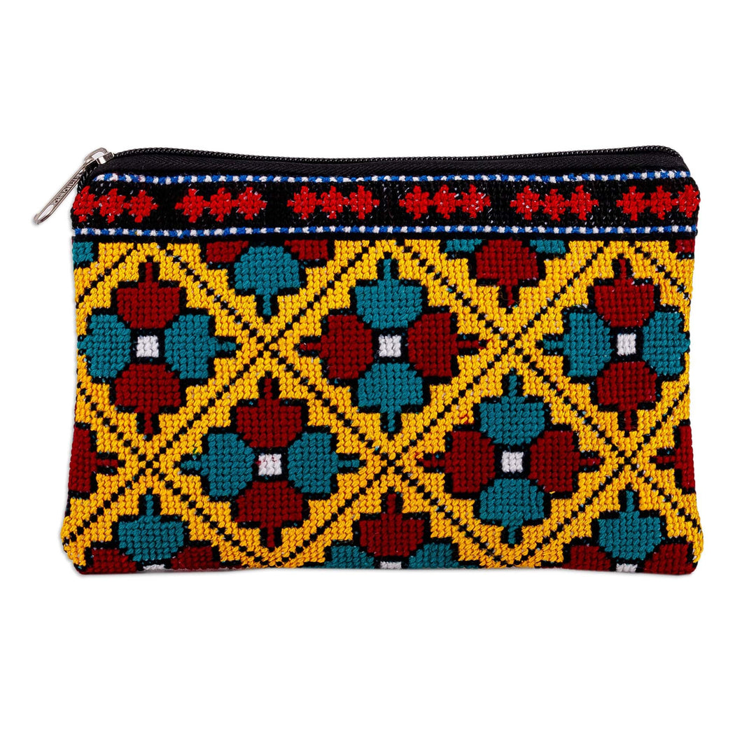 Floral Mosaic-Patterned Embroidered Cosmetic Bag in Yellow - Mosaic Bouquet in Yellow
