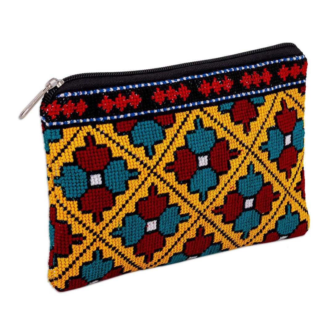 Floral Mosaic-Patterned Embroidered Cosmetic Bag in Yellow - Mosaic Bouquet in Yellow