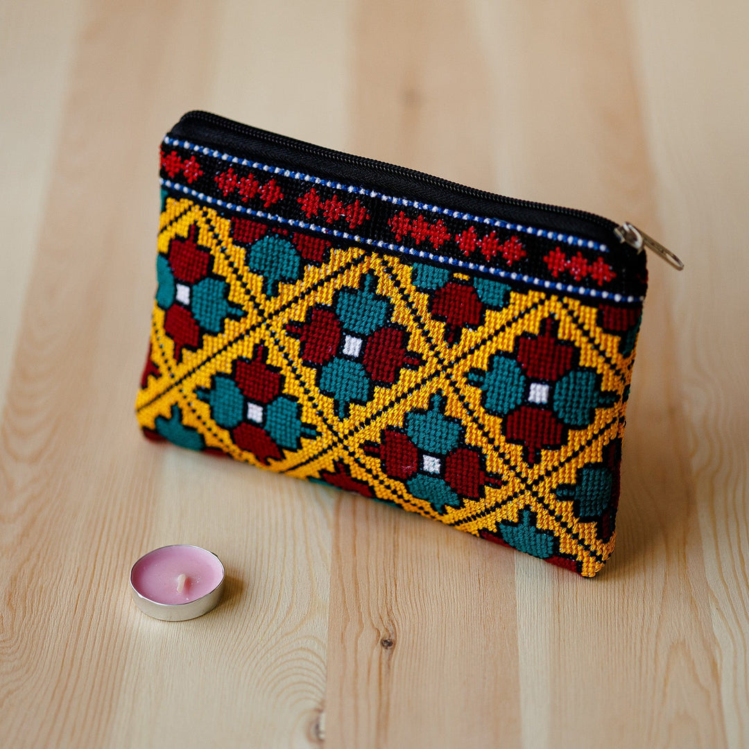Floral Mosaic-Patterned Embroidered Cosmetic Bag in Yellow - Mosaic Bouquet in Yellow