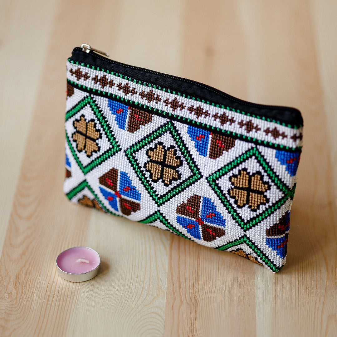 Embroidered Floral and Geometric Patterned Cosmetic Bag - Unique Flowers