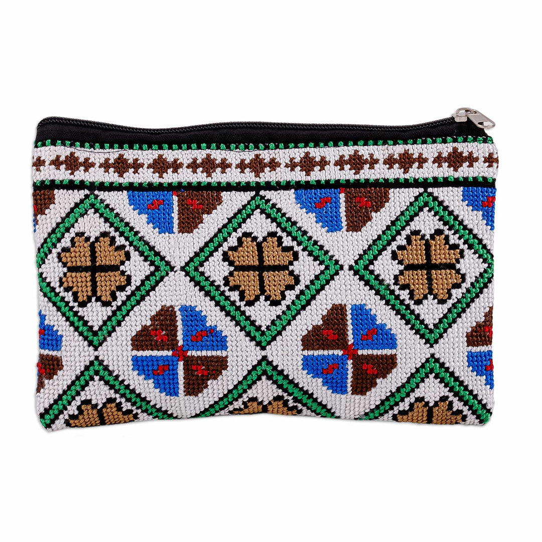 Embroidered Floral and Geometric Patterned Cosmetic Bag - Unique Flowers
