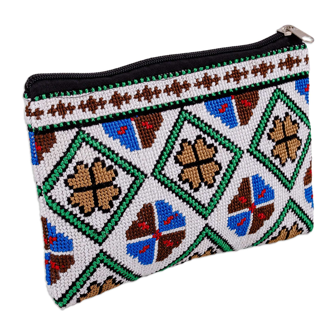 Embroidered Floral and Geometric Patterned Cosmetic Bag - Unique Flowers