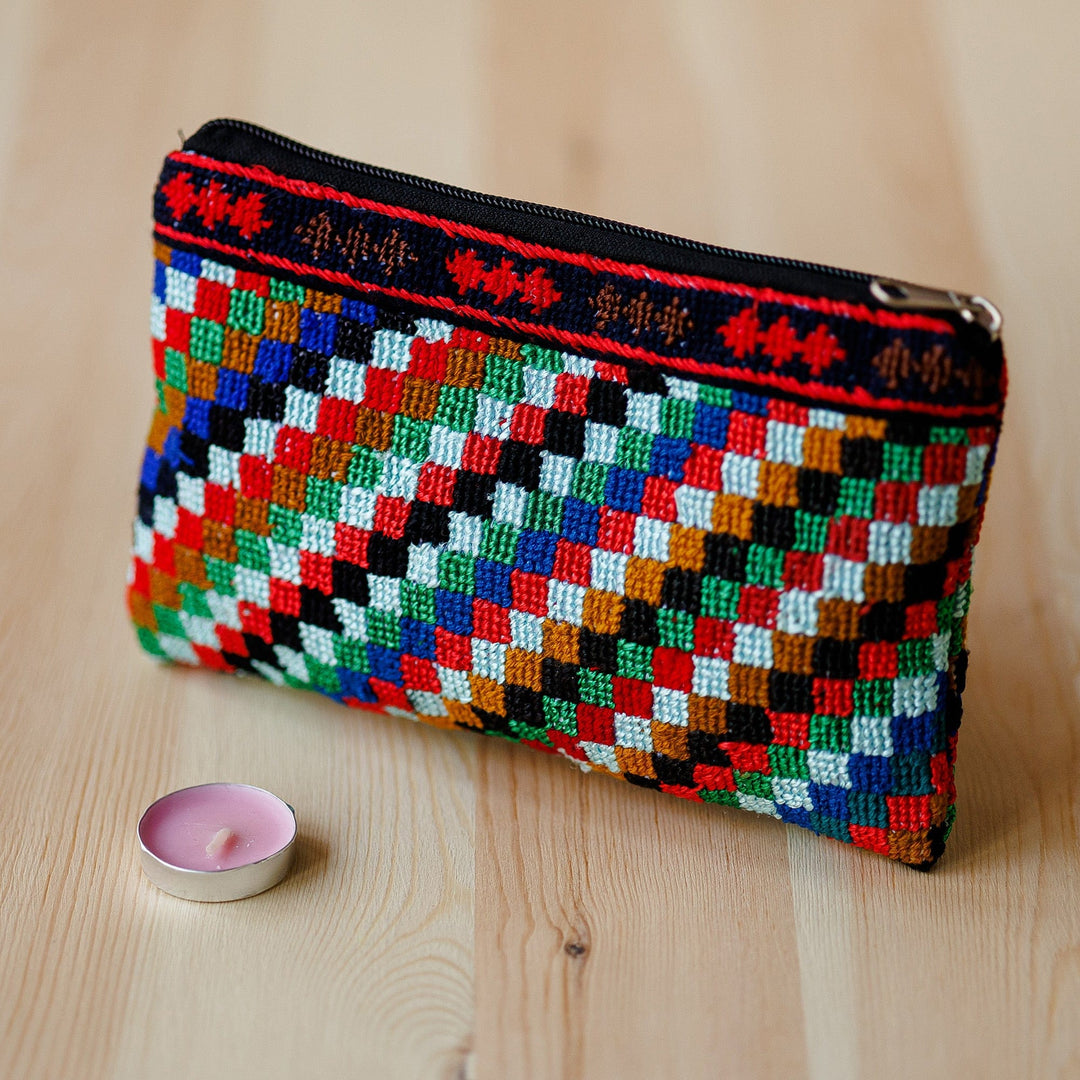 Colorful Geometric Patterned Iroki Embroidered Cosmetic Bag - Mini Squares