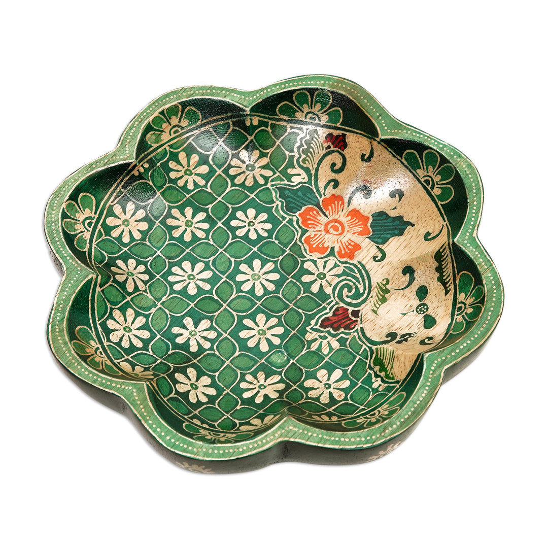 Batik Floral Green and Red Pule Wood Decorative Plate - Spring Jasmine