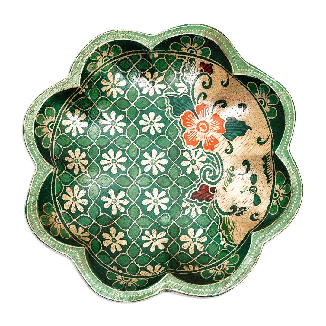 Batik Floral Green and Red Pule Wood Decorative Plate - Spring Jasmine