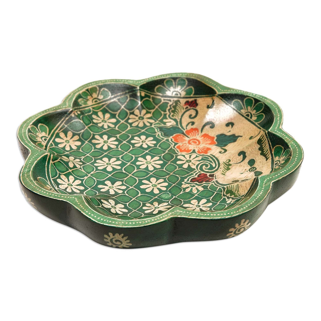 Batik Floral Green and Red Pule Wood Decorative Plate - Spring Jasmine