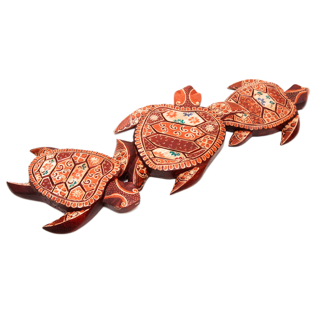 Handcrafted Batik Turtle-Themed Pule Wood Wall Art from Java - Family Turtle