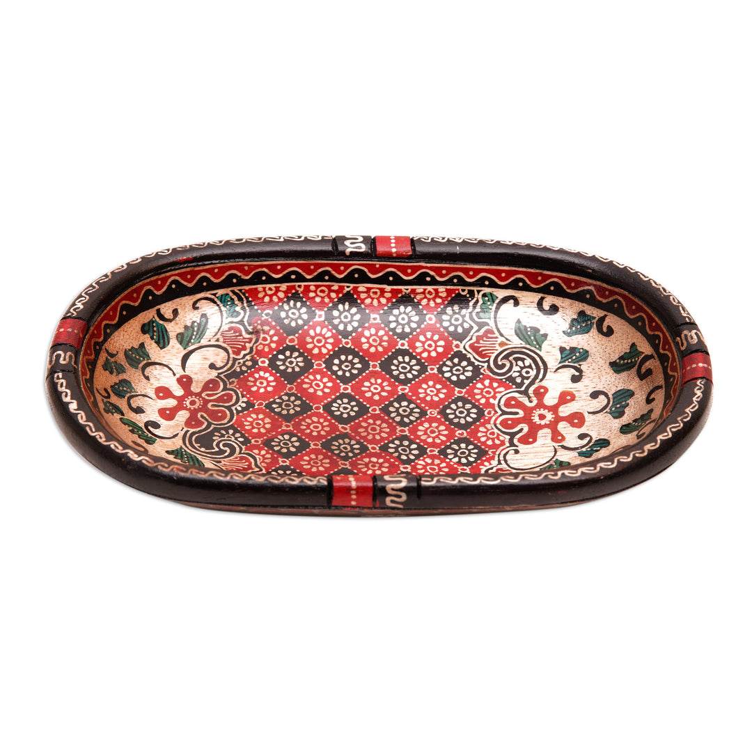 Handmade Batik Oblong-Shaped Red Pule Wood Decorative Bowl - Fire Batik