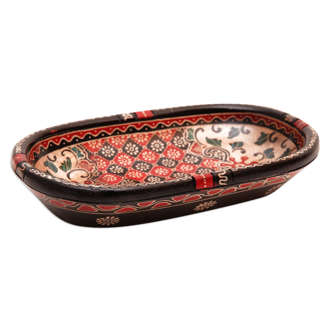 Handmade Batik Oblong-Shaped Red Pule Wood Decorative Bowl - Fire Batik