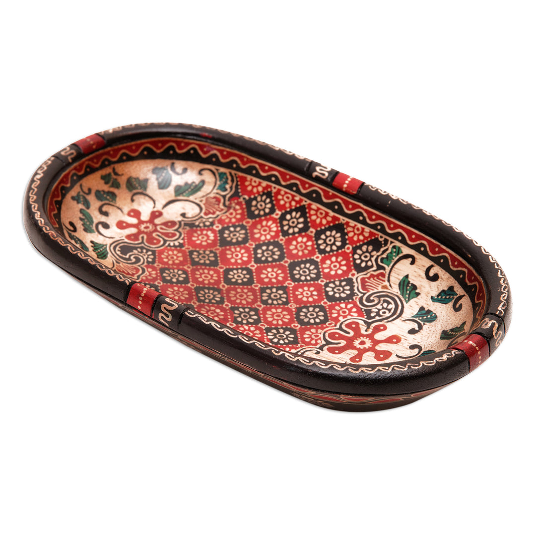Handmade Batik Oblong-Shaped Red Pule Wood Decorative Bowl - Fire Batik
