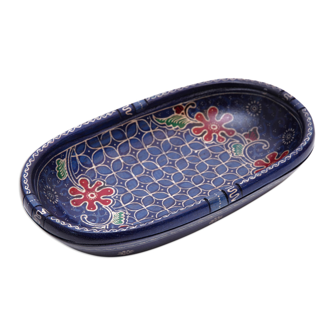Handmade Batik Oblong-Shaped Blue Pule Wood Decorative Bowl - Water Batik