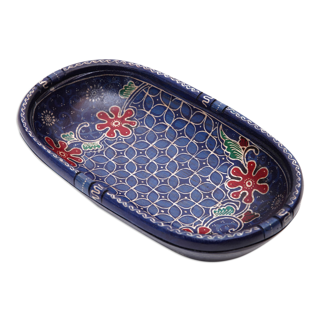 Handmade Batik Oblong-Shaped Blue Pule Wood Decorative Bowl - Water Batik