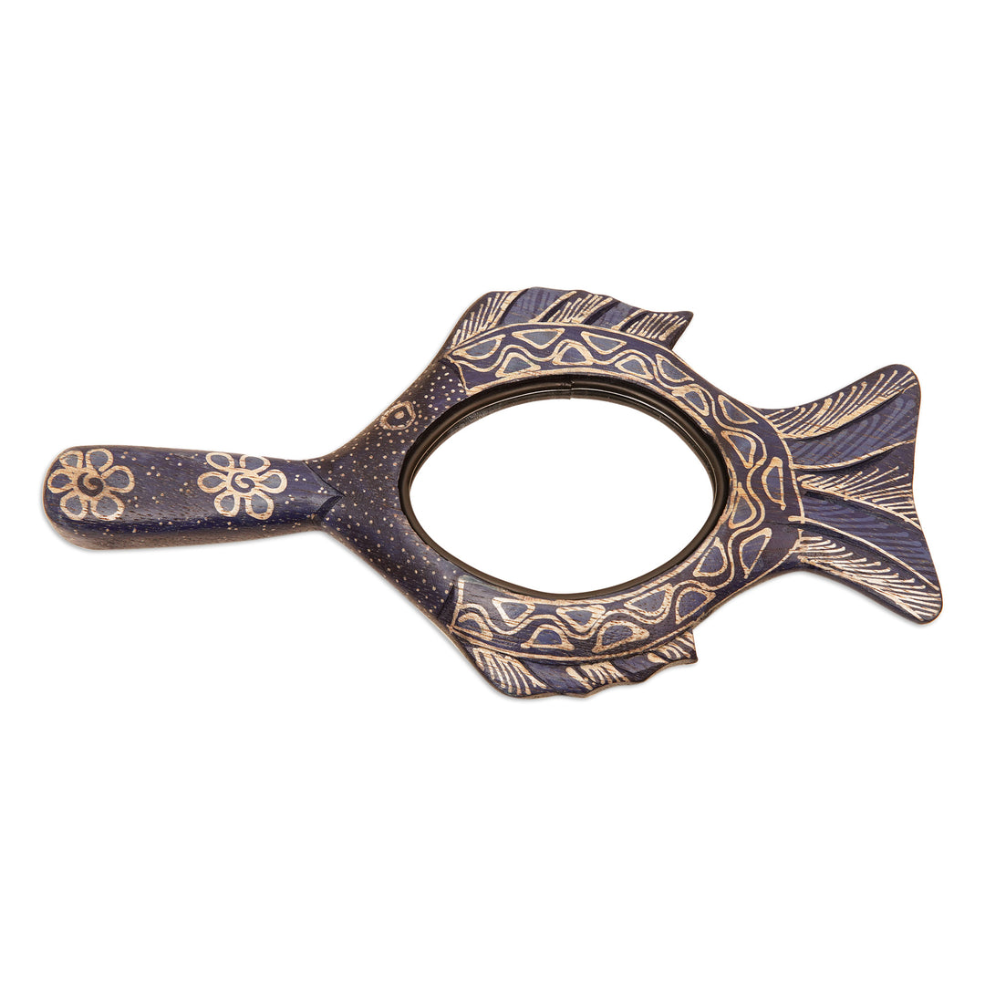 Handcrafted Batik Painted Fish-Themed Pule Wood Hand Mirror - Sea Reflection