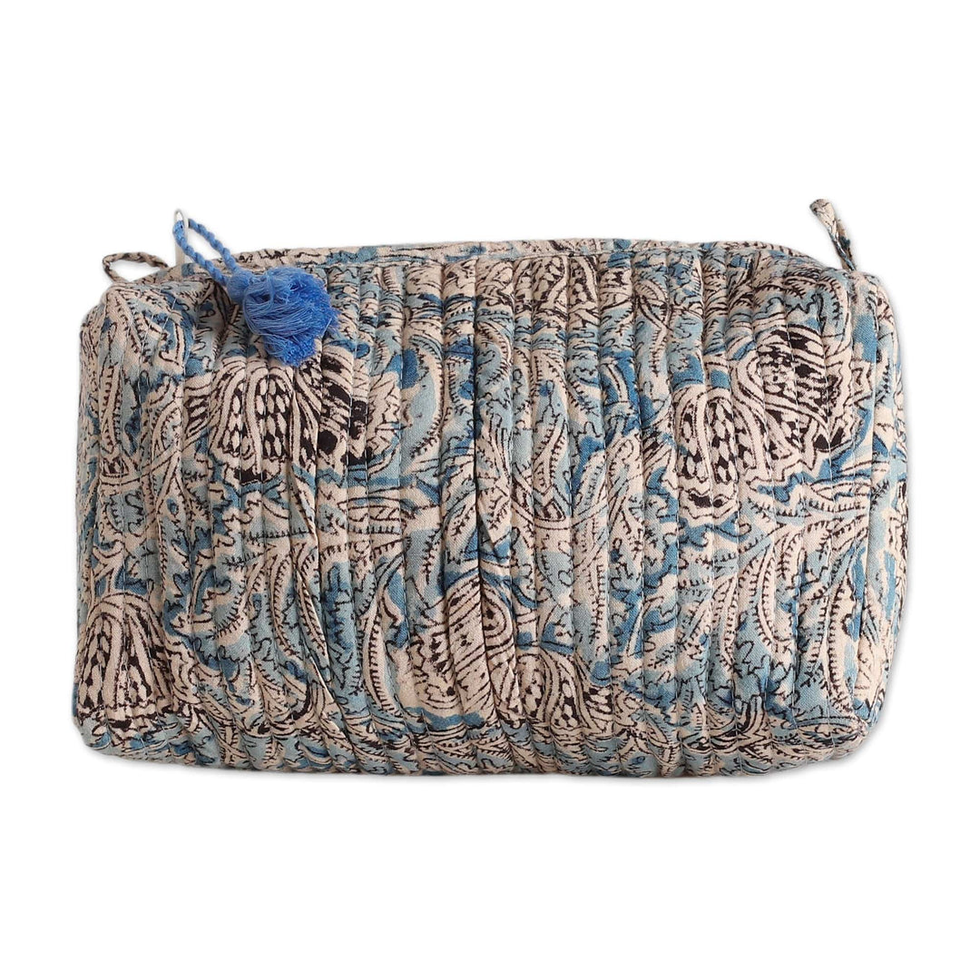 Blue Quilted Cotton Cosmetic Bag with Block-Printed Pattern - Glorious Blue