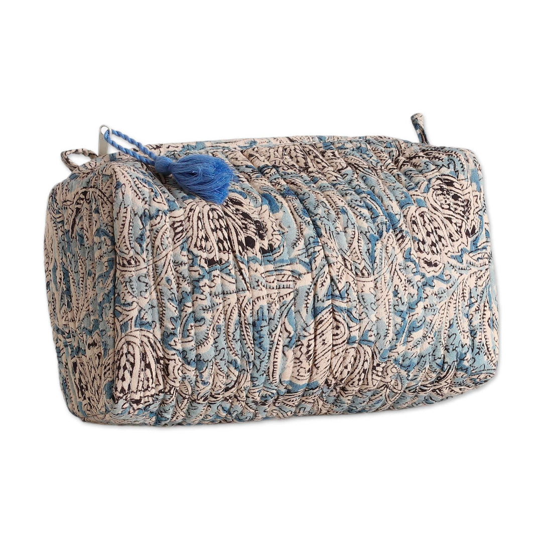 Blue Quilted Cotton Cosmetic Bag with Block-Printed Pattern - Glorious Blue