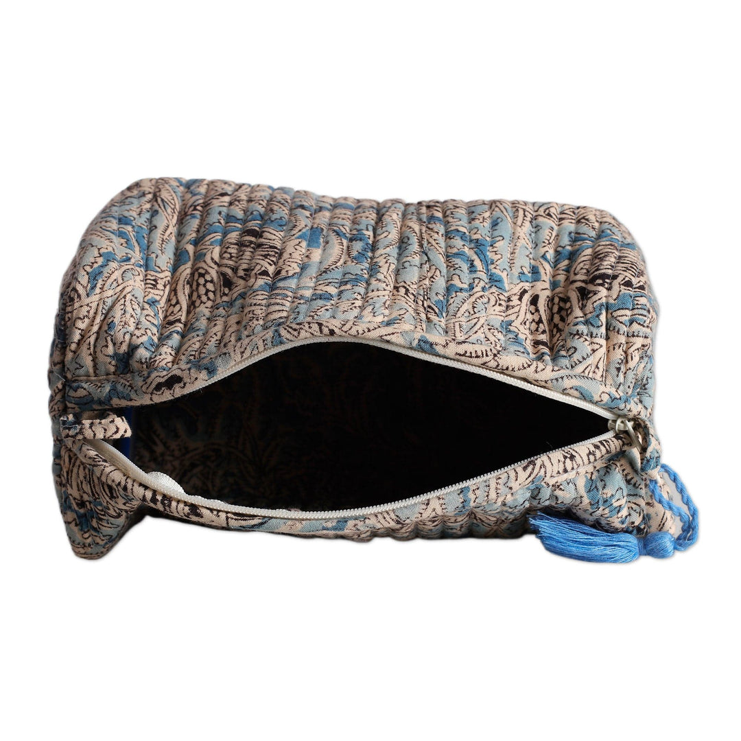 Blue Quilted Cotton Cosmetic Bag with Block-Printed Pattern - Glorious Blue