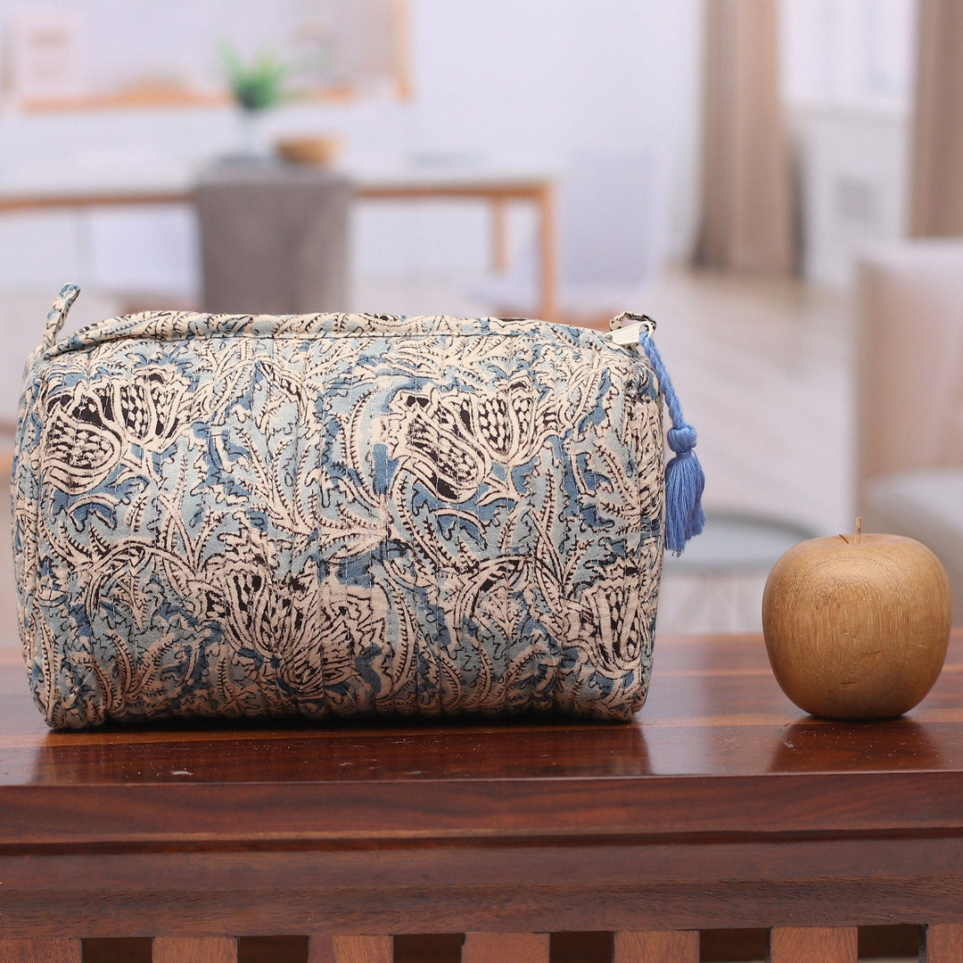 Blue Quilted Cotton Cosmetic Bag with Block-Printed Pattern - Glorious Blue