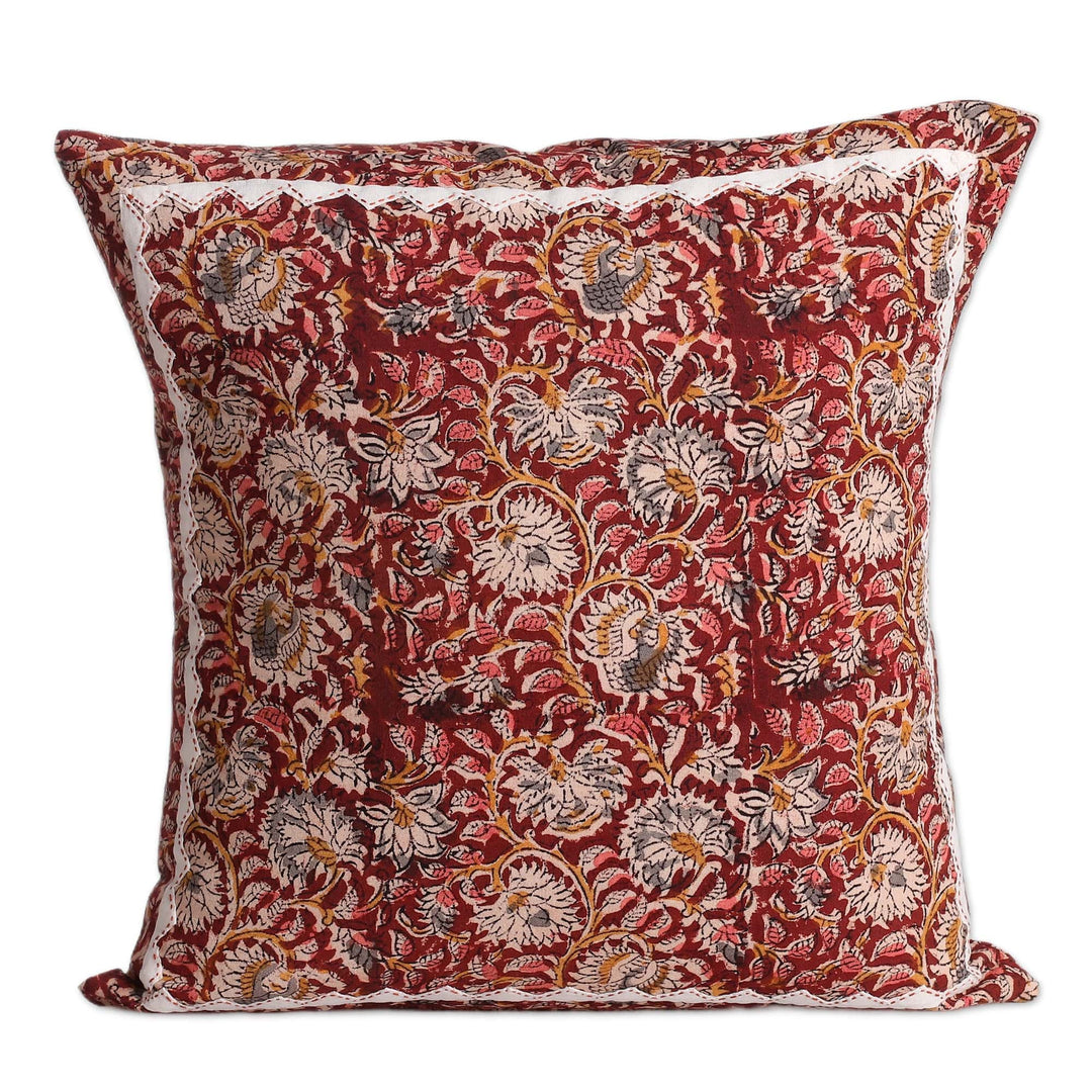2 Red Kalamkari Applique Cotton Cushion Covers from India - Russet Garden