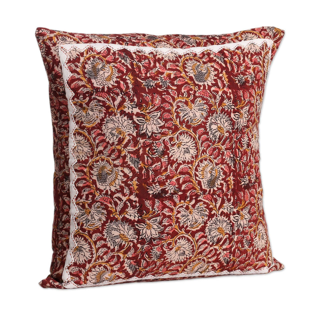 2 Red Kalamkari Applique Cotton Cushion Covers from India - Russet Garden