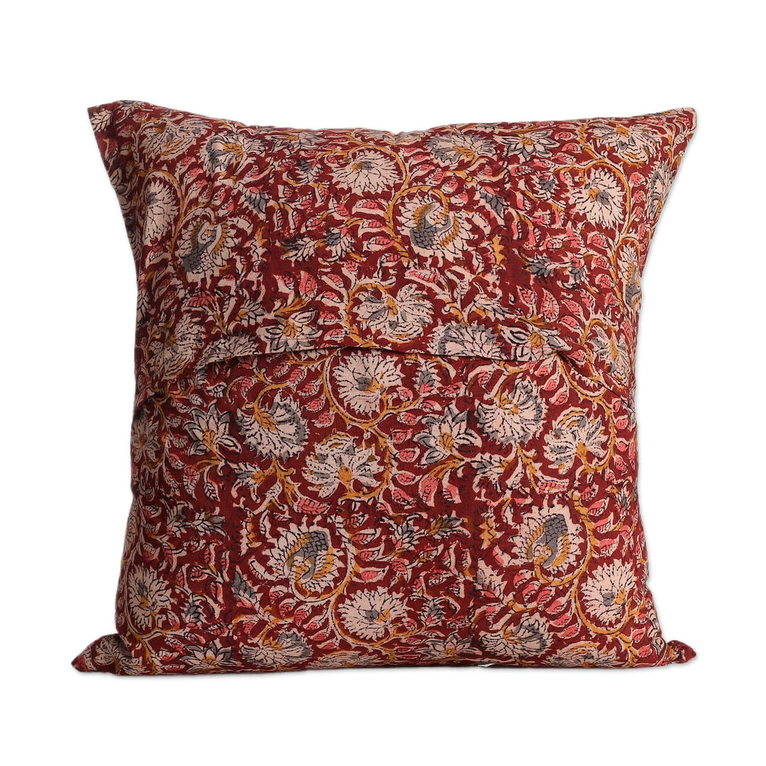2 Red Kalamkari Applique Cotton Cushion Covers from India - Russet Garden